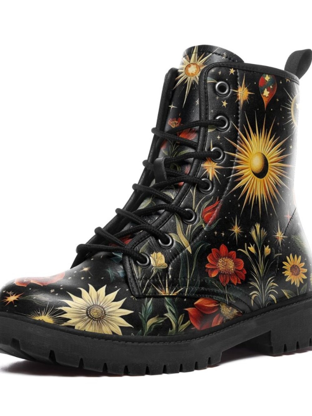 Womens Mushroom Floral Combat Boots - Witchcore Forest Goth Boots Chuncky Heel